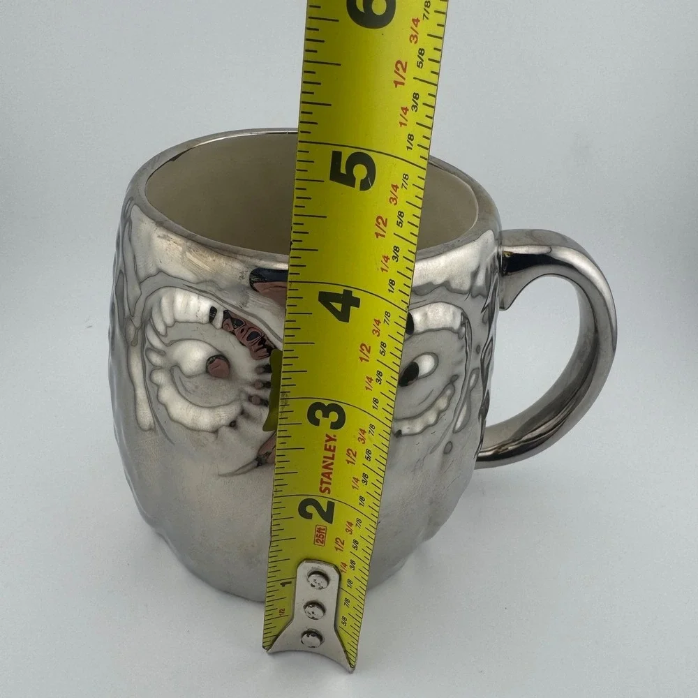 West Elm Owl Coffee Mug Metallic Silver Ceramic Textured Hammered Cup‎